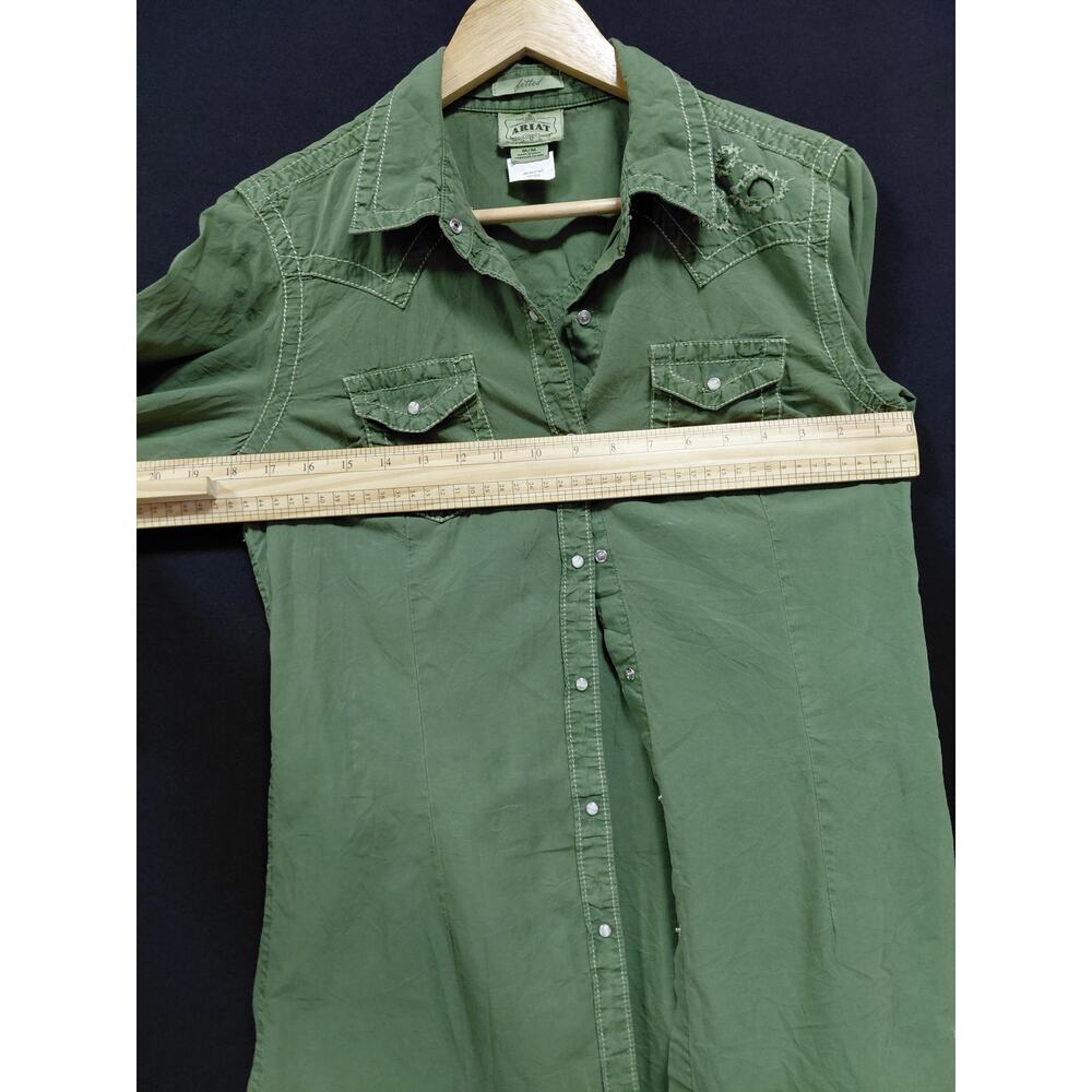 ARIAT WMS Maya Snap Cotton Shirt Green Solid Long Sleeve Women Size M - Picture 7 of 11